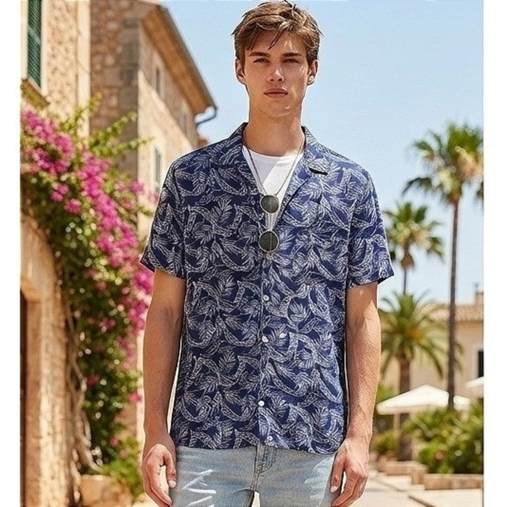 Celio Leaf Print Button Down Mens Large Blue White Short Sleeve French EUC
